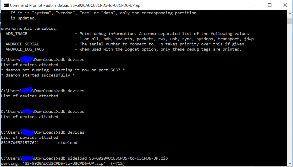 How to adb sideload SS-G920AUCU3BOJ7-to-U3BPD6-UP on Galaxy S6