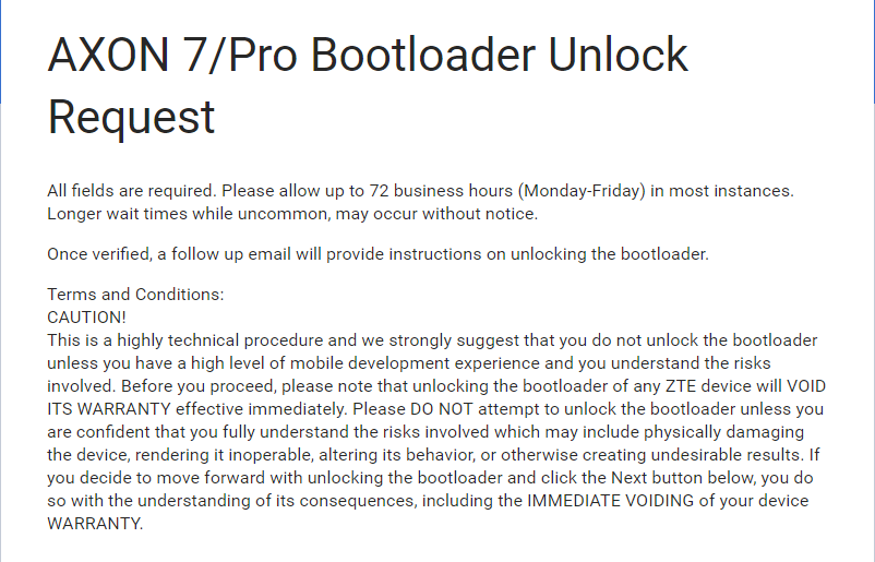 how to unlock bootloader on zte axon pro and axon 7 fill form