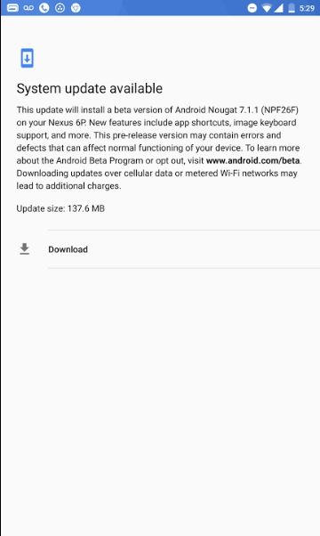  Download Android 7.1.1 Nougat Developer Preview 2 NPF26F-H OTA Nexus
