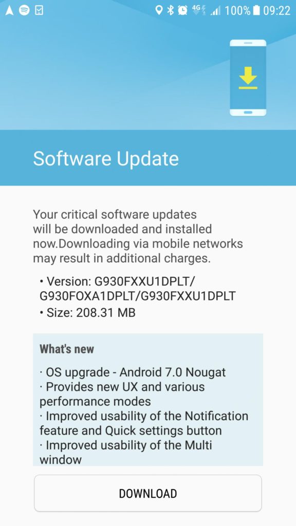 Download Samsung Galaxy S7 Edge Android 7.0 Nougat G930FXXU1ZPLN