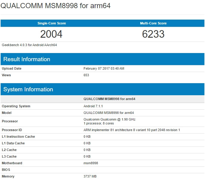 QUALCOMM MSM8998 for arm64 Geekbench snapdragon 835 on 7.1.1 Nougat