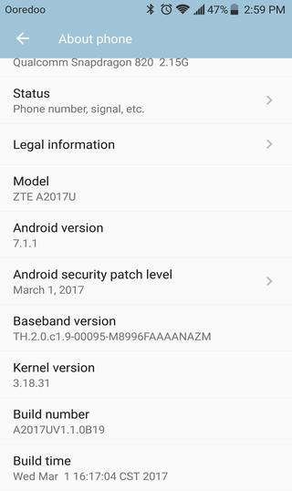 ZTE Axon 7 nougat 7.1.1 build number