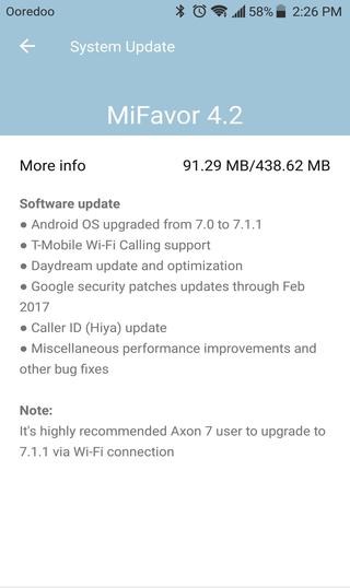 ZTE Axon 7 nougat 7.1.1 changelog and OTA size