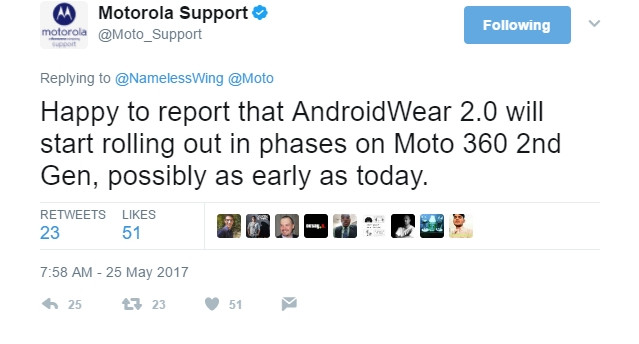 Motorola Support on Twitter @Moto Happy to report that AndroidWear 2.0 will start rolling out in phases on Moto 360 2nd Gen, possibly as early as today