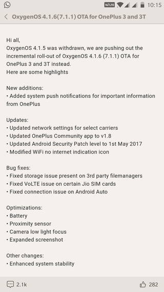 OxygenOS 4.1.6(7.1.1) OTA for OnePlus 3 and 3T Screenshot