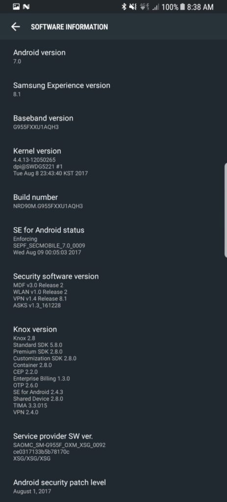 Samsung Galaxy S8 (Plus) August 2017 Security Patch G955FXXU1AQH3 screenshot
