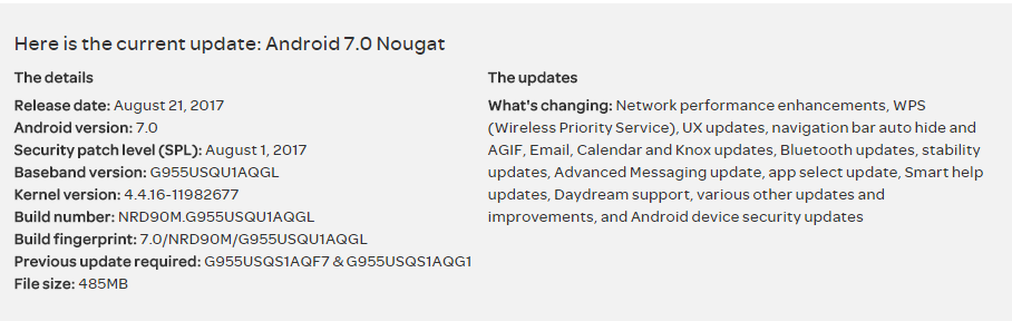 AT&T August 2017 Security Update Changelog for Galaxy S8