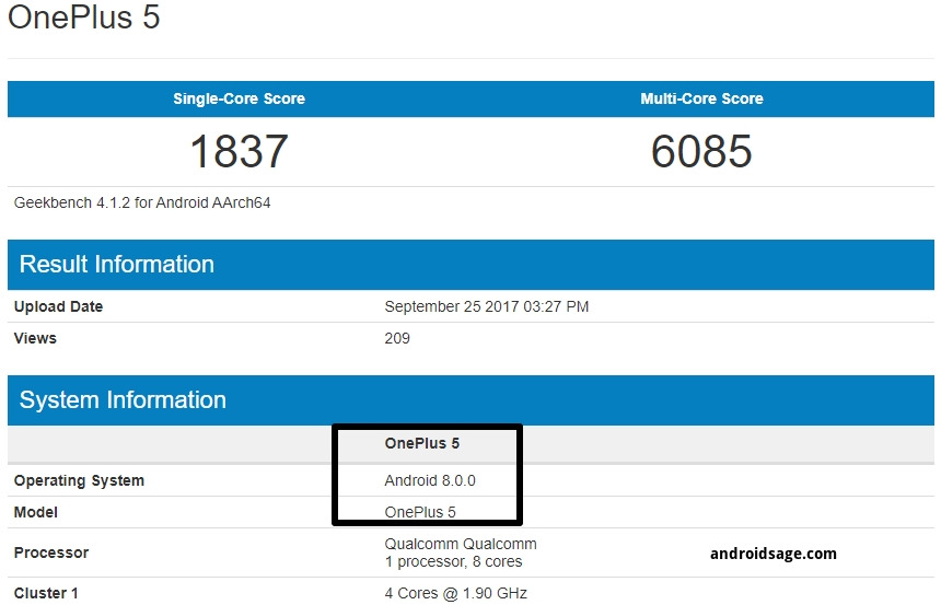 OnePlus 5 OxygenOS 5.0 Android 8.0.0 Oreo geekbench