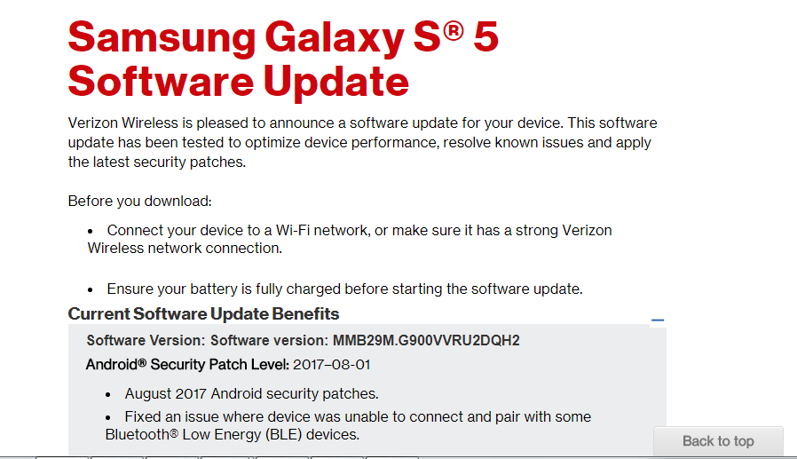  August 2017 Security Update for Verizon Galaxy S5