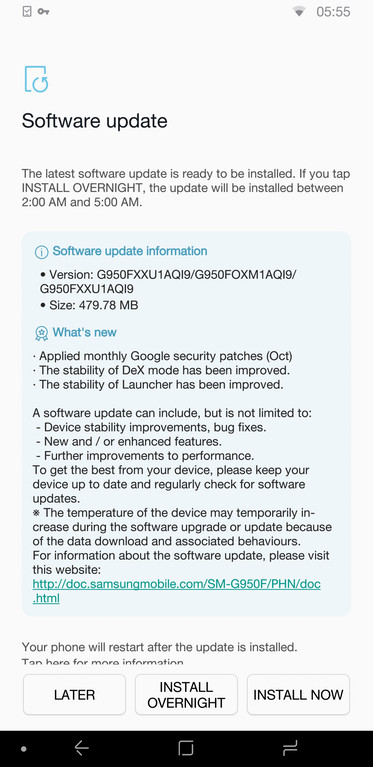 Samsung Galaxy S8 (Plus) firmware build G950FXXU1AQI9