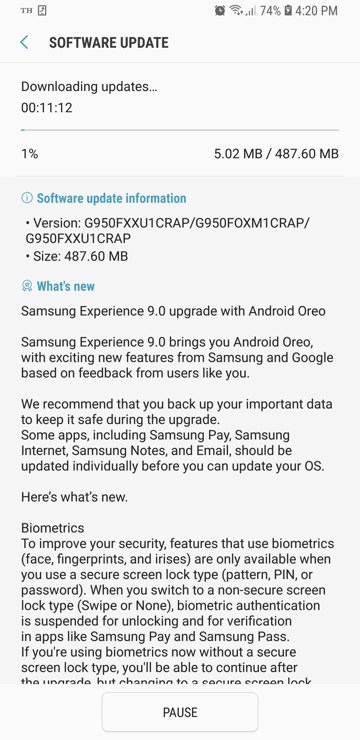 Samsung Galaxy S8+ G950FXXU1CRAP OTA update download