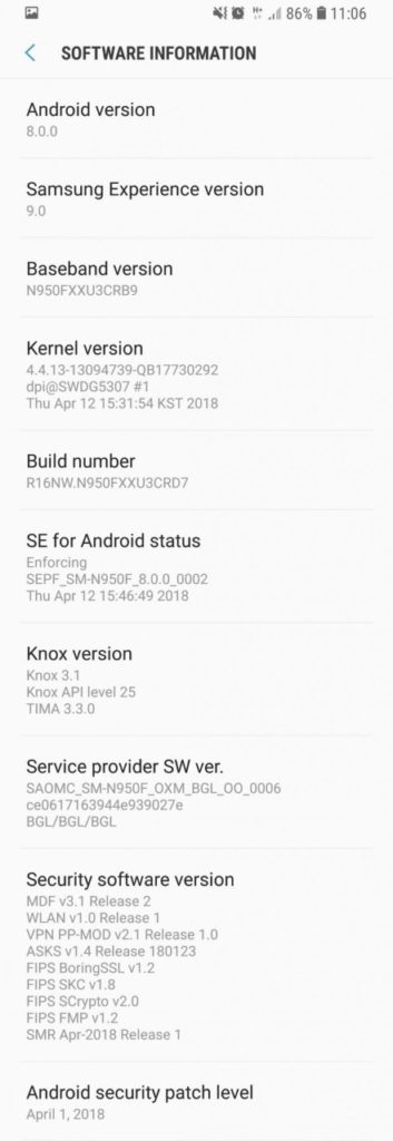 Galaxy Note 8 April 2018 Android security patch N950FXXU3CRD7