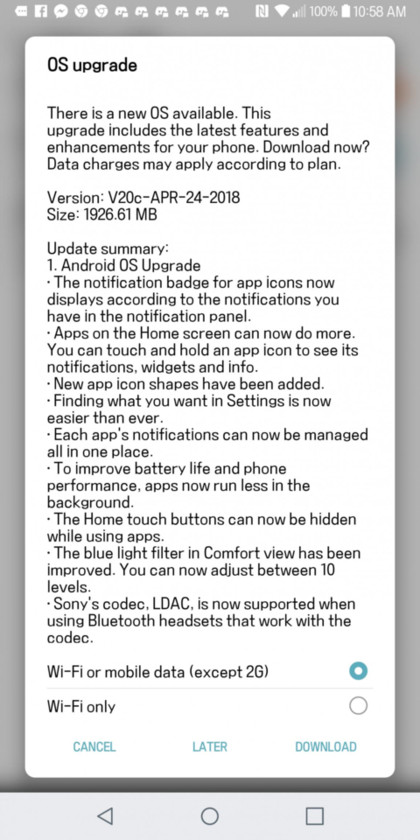 LG G6 Android 8.0 Oroe OTA update Screenshot