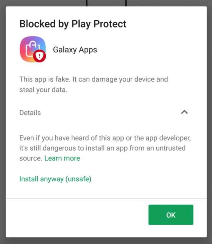 Google Play Protect is blocking Galaxy App Store