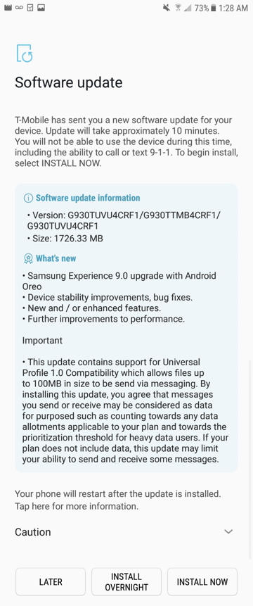 T-Mobile Galaxy S7 and S7 Edge Android 8.0 Oreo OTA update