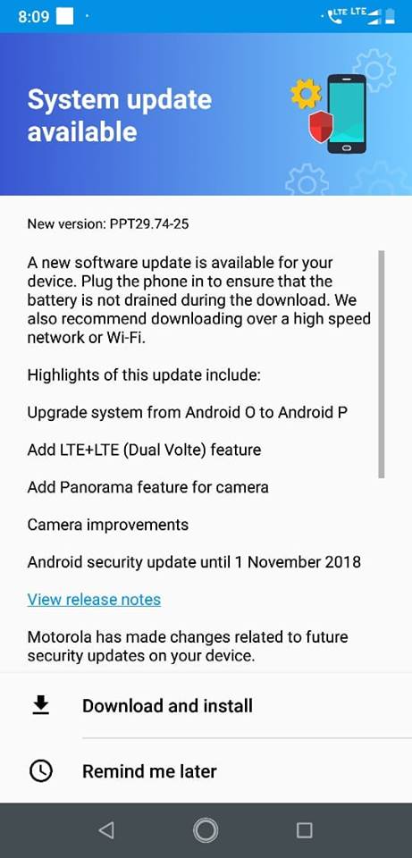 Moto One Power android 9.0 pie