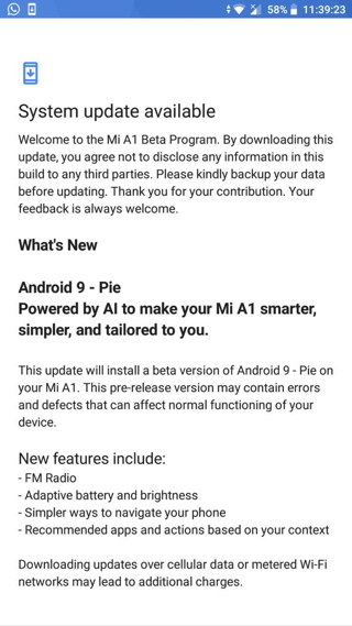 Xiaomi Mi A1 Android 9.0 Pie Beta OTA Update screenshot 1