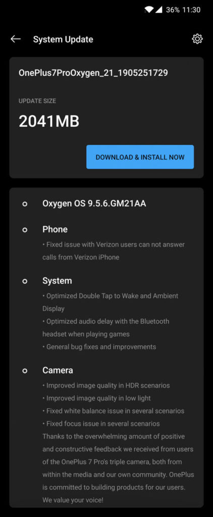 Verizon OnePLus 7 Pro Oxygen OS 9.5.6 OTA update download