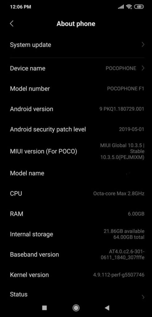 Xiaomi Poco F1 MIUI 10.3.5.0 Dark Mode screenshot