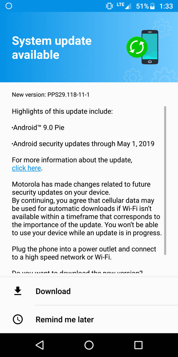 Moto G6 android 9 Pie OTA updates