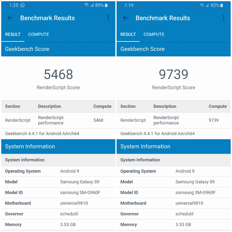 samsung galaxy s9 benchmarks before and after disabling intelligent scan