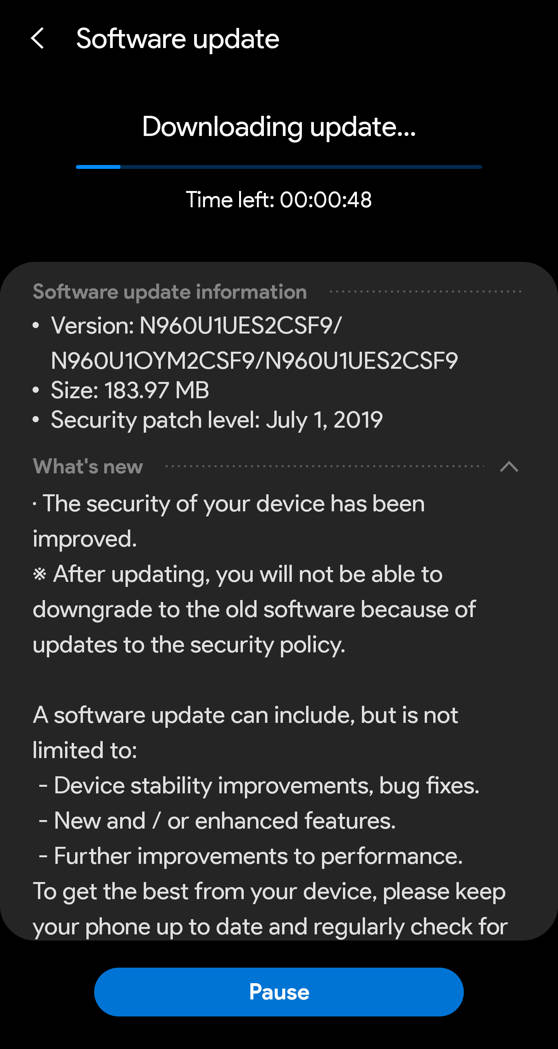 snapdragon samsung galaxy note 9 july 2019 security patch