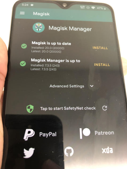 Magisk 20 instalado no dispositivo Android