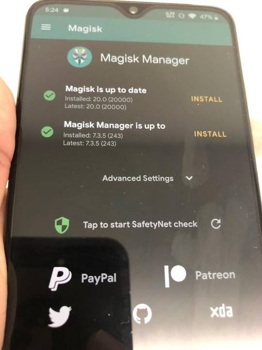 Magisk 20 installed on android device