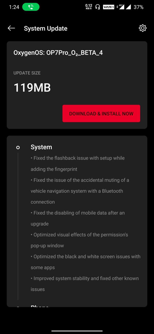 Oxygen OS Open Beta 4 OTA update log for the OnePlus 7 or 7 Pro screenshot