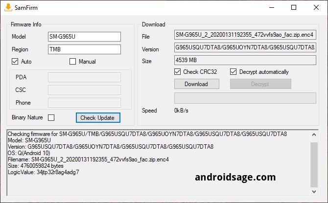 Downloading Android 10 for snapdragon s9 and s9 plus in USA SamFirm Odin flashtool