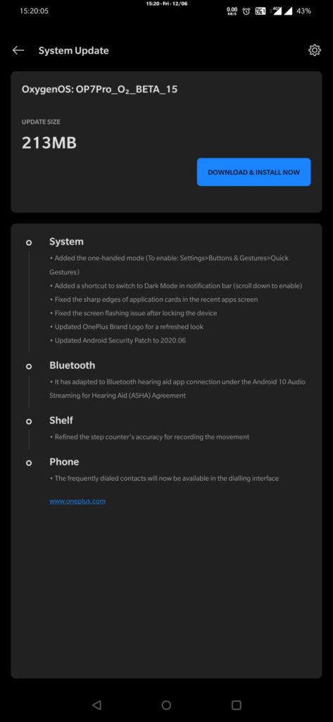 OnePlus 7 Pro Open Beta 15 update log