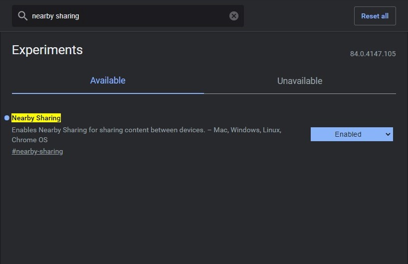 Nearby Sharing on Chrome Desktop stable version how to enable
