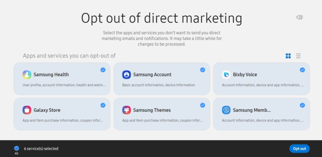Samsung Privacy - opt out of direct marketing
