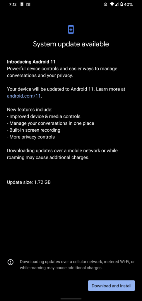 Android 11 OTA update screen