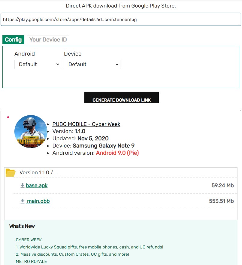 PUBG Mobile 1.1 APK download with APK Downloader