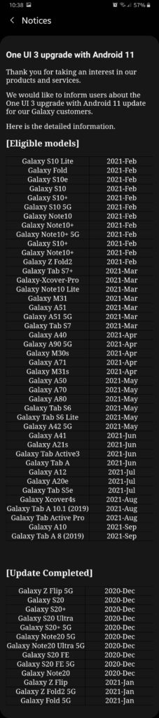 Samsung One UI 3.0 Android 11 Update Map