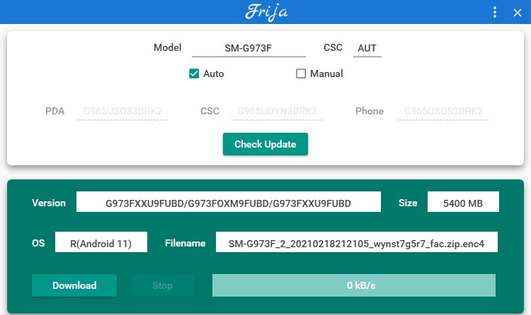 Downloading One UI 3.1 full stock firmware for samsung galaxy s10 using Frija