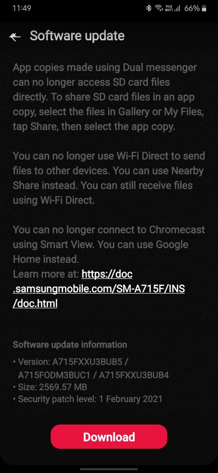 samsung a71 update one ui 2.1