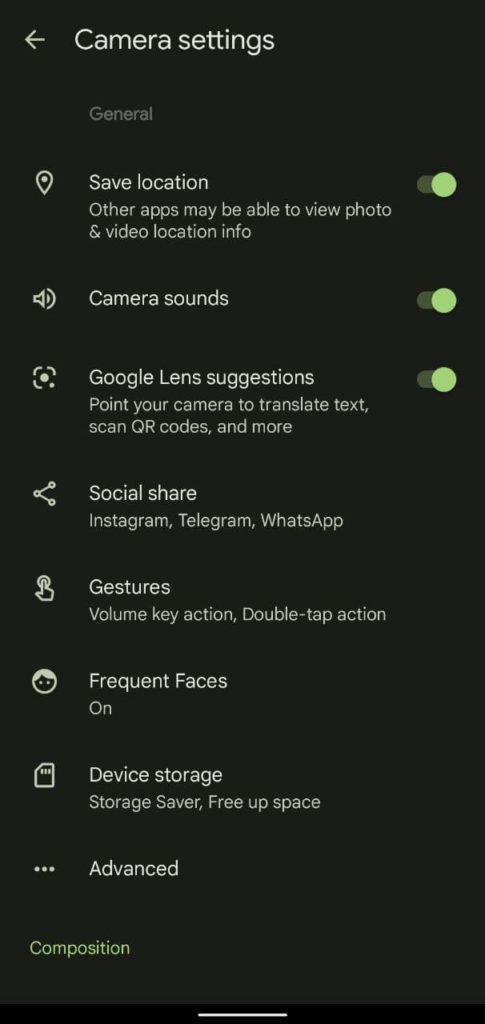 Google Camera 8.3 app screenshot settings options