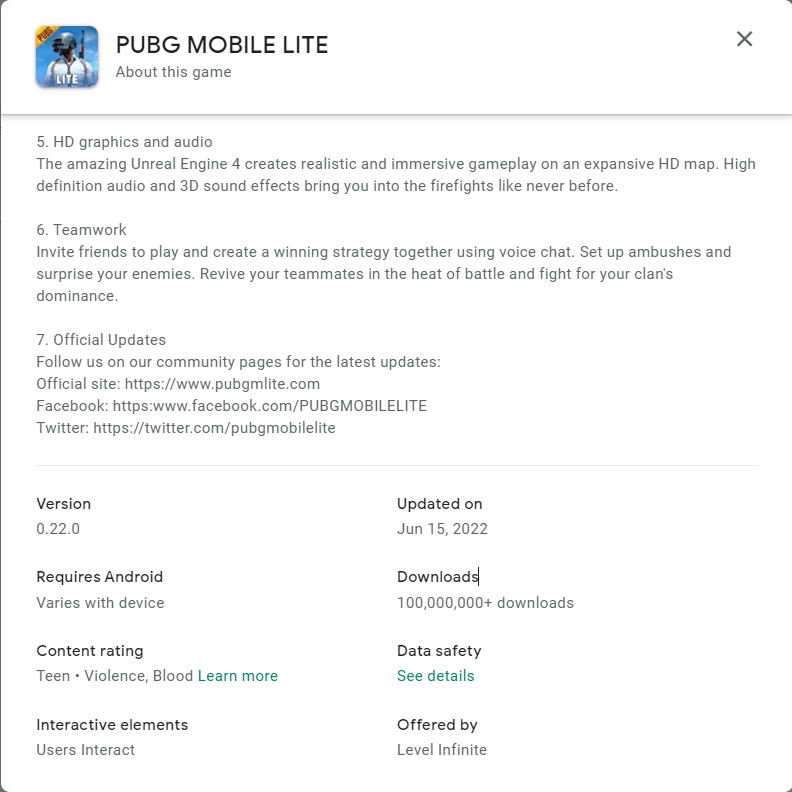 PUBG MOBILE LITE 0.23.0 App update on Google Play Store