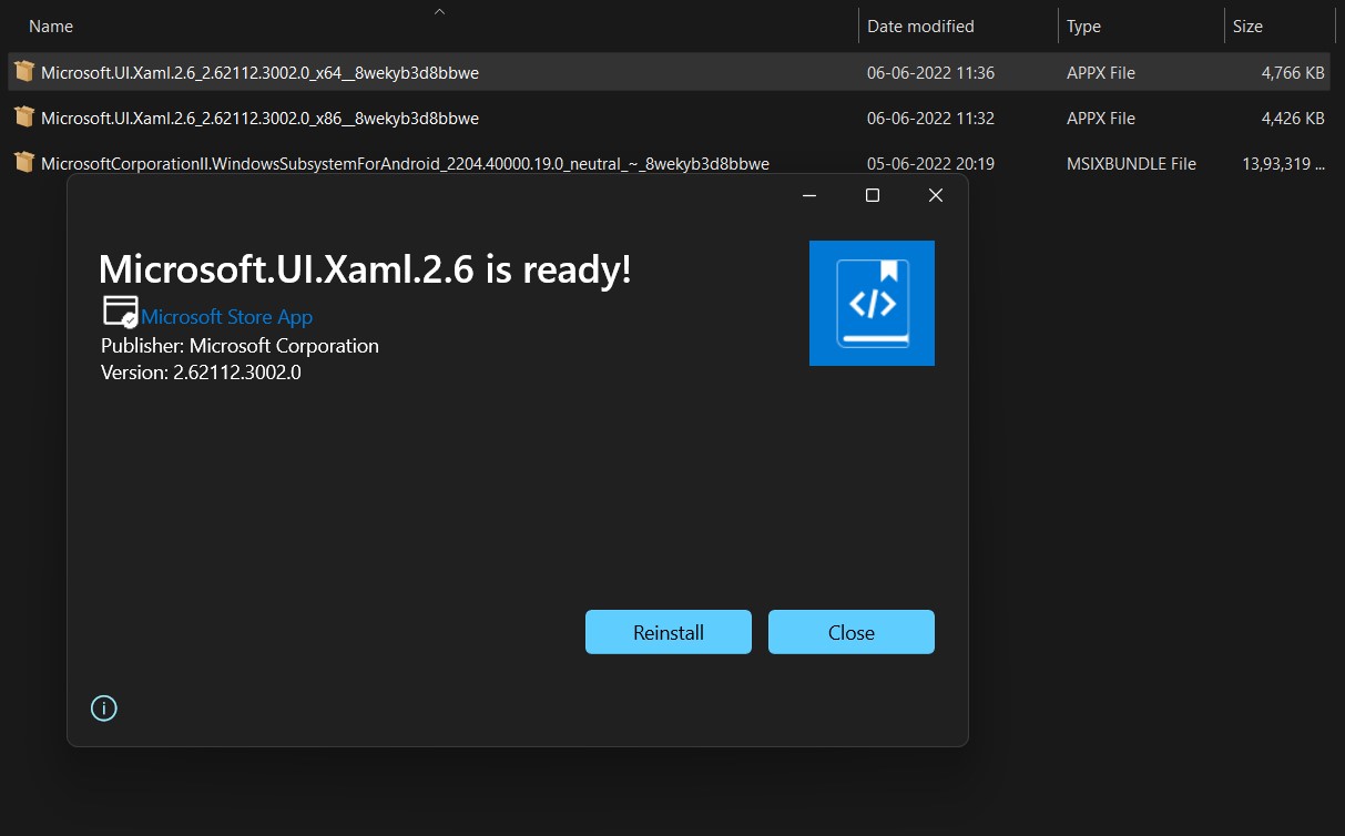 install Microsoft UI Xaml WSA framework windows 11