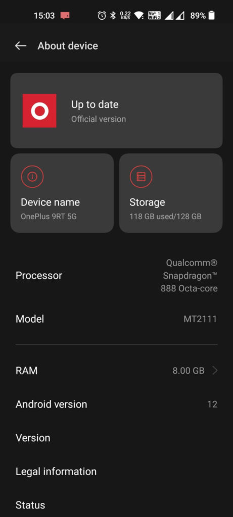 OnePlus 9RT receiving Oxygen OS 12.1 Android 12 2