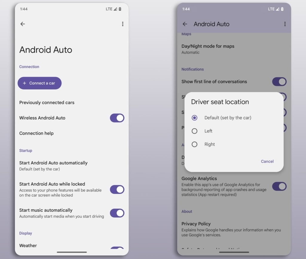 Android Auto app settings with Material You design