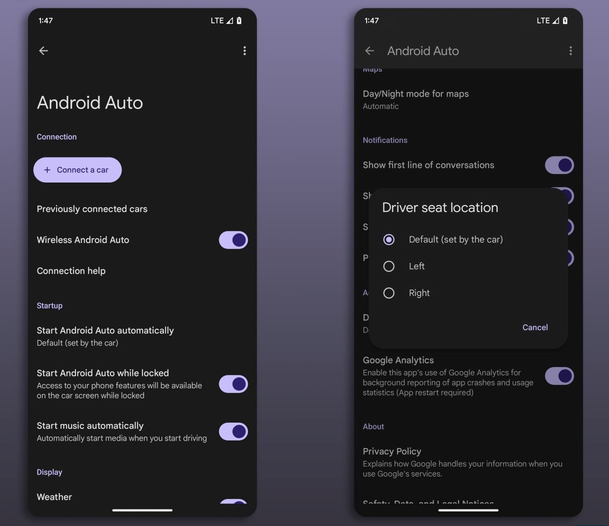 Android Auto app settings with Material You redesign with Dark theme