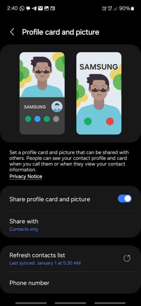 Samsung Contacts from one ui 7 screenshot profile card and picture