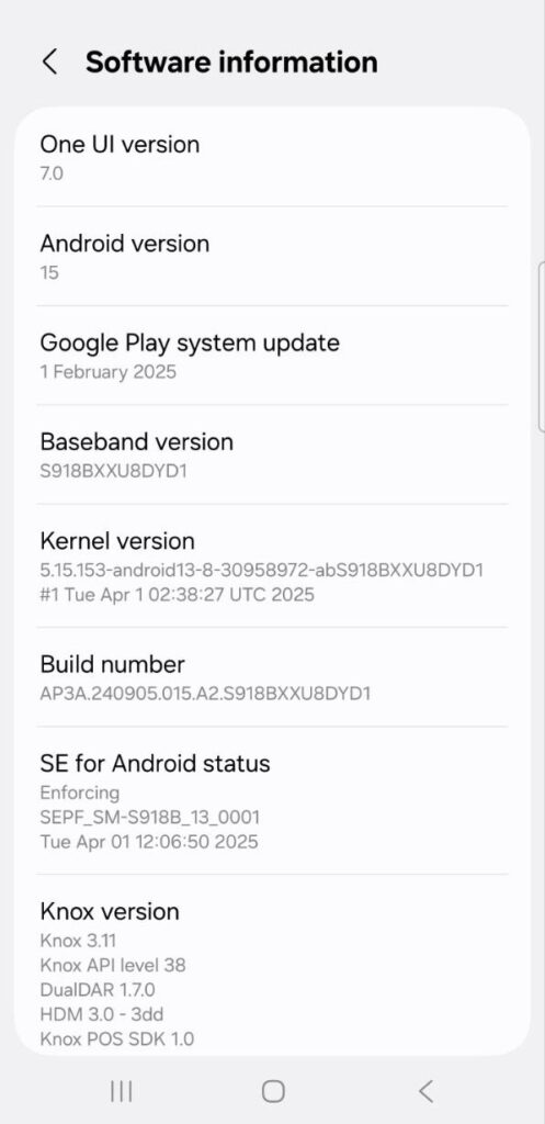 Stable One UI 7 Downloads for Galaxy S21, S22, S23, S24, FE, and A-series phones 2 Samsung Galaxy S23 Ultra S918B One UI 7 booted