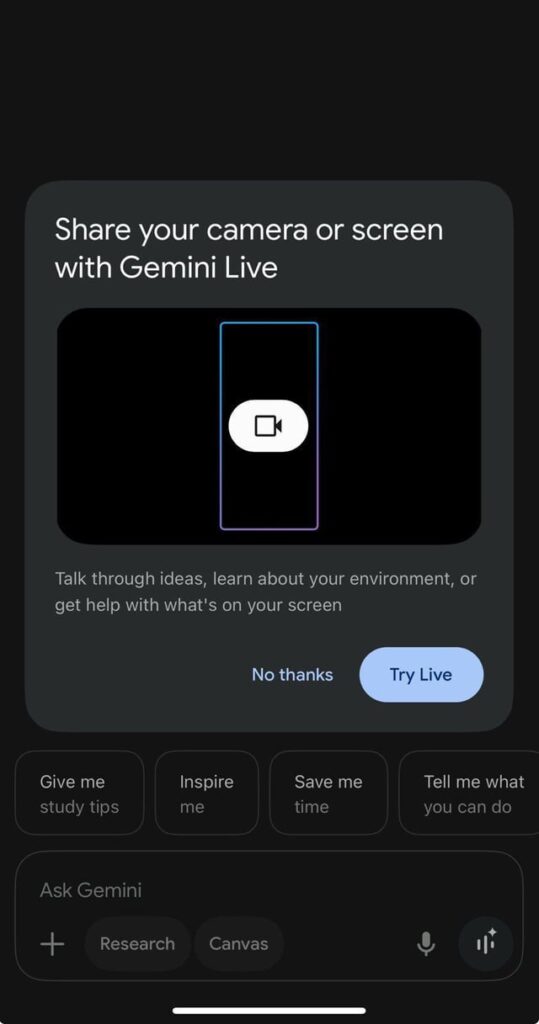 Gemini Adds Share Camera or Screen with Gemini Live for iOS and Android 2 Gemini Live with Share Camera or Screen on iOS