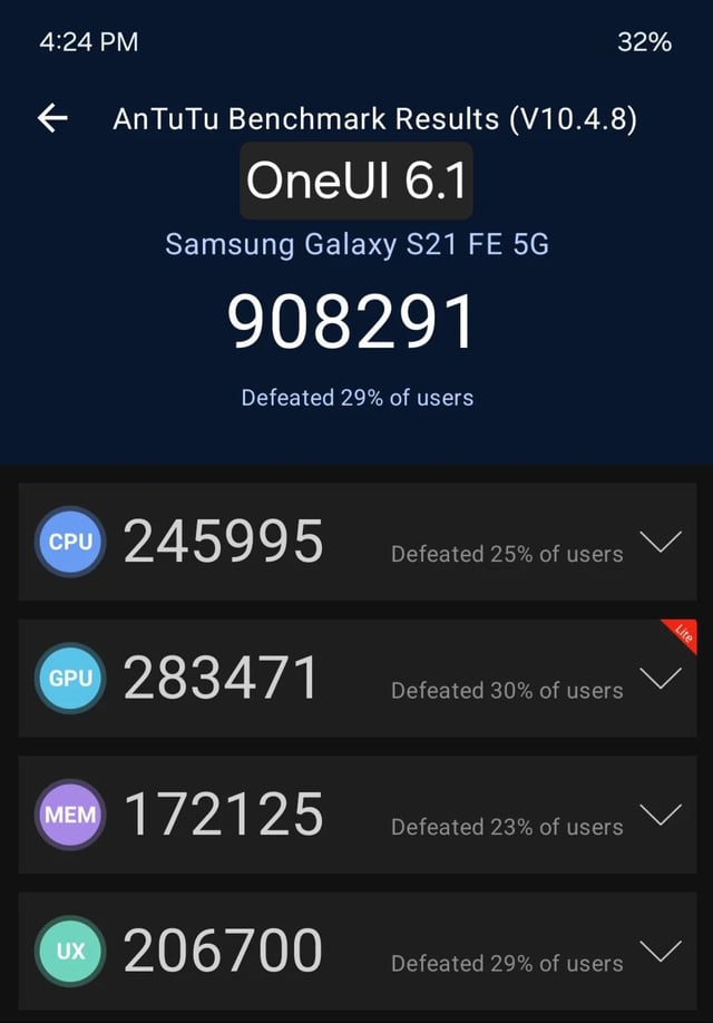 Vulkan vs OpenGL: Why Samsung Should Switch to Vulkan API — Better Performance, Battery, Temps 2 OneUI 6.1 got a score of 908K with 20c° temperature increase, and 9% battery used.