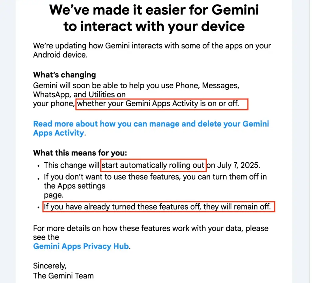 Change Android Assistant: Stop Gemini AI Spying 2 An email Google recently sent to Android users about Gemini usage