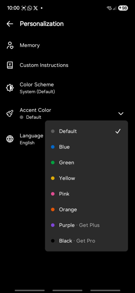 ChatGPT App Update: GPT-5 for Free, Adds Personalities, App Accent Color, Custom Instruction, and Disable Features 5 ChatGPT mobile app accent color
